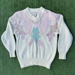 Vintage Pastel Coquette Fairycore whimsical Sweater with pink sequin accents